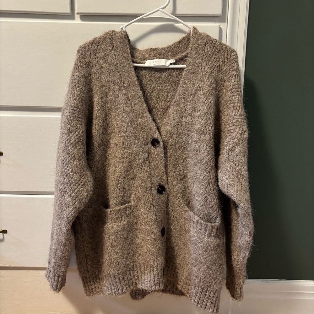 Astr Taupe Fuzzy V‑Neck Button Cardigan